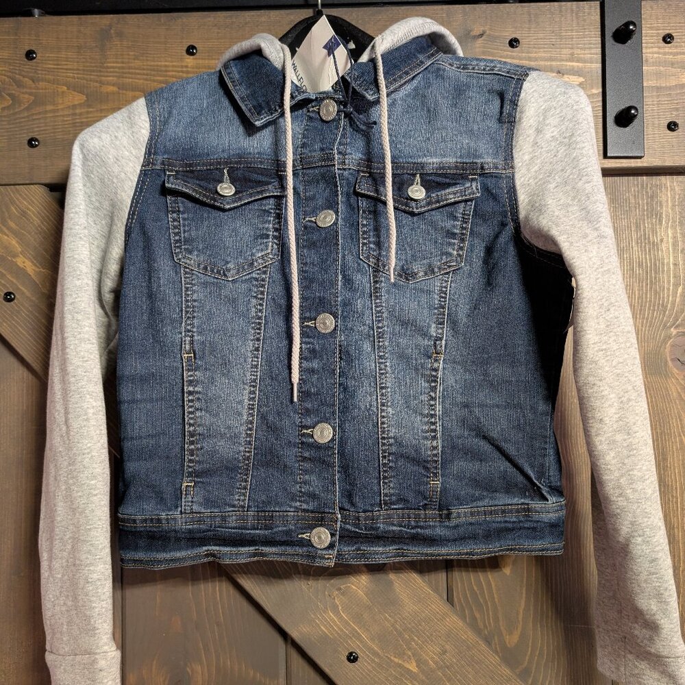 Wallflower Jean jacket with grey sweater hoodie & sleeves size M
